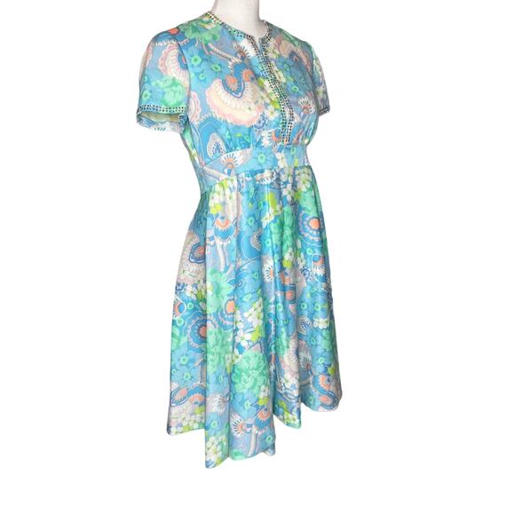 Vintage 60s 70s Nardiello for Rona NY Floral Dress DeepV Rhinestones Size Small - Picture 1 of 13